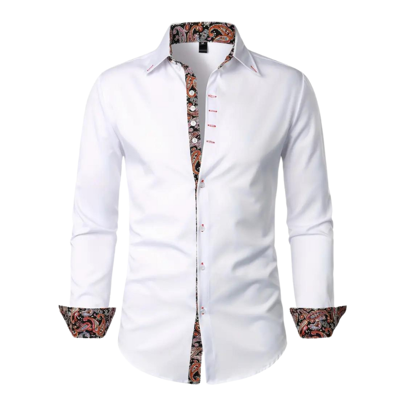 Chemise homme élégante à motif paisley, tissu haut de gamme, coupe ajustée, idéale événements formels et semi-formels.