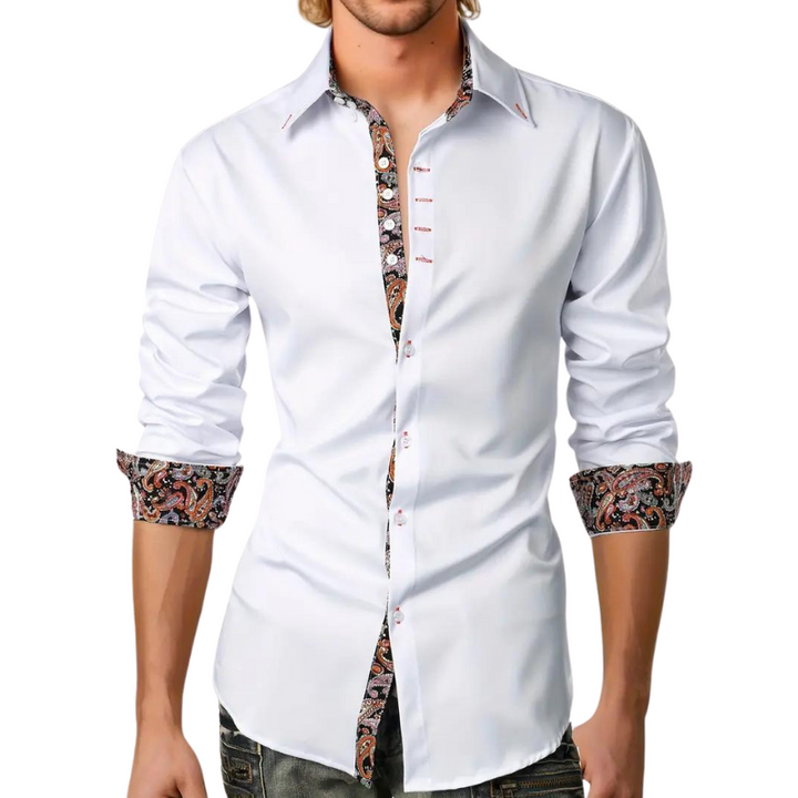 Chemise homme élégante à motif paisley, tissu haut de gamme, coupe ajustée, idéale événements formels et semi-formels.