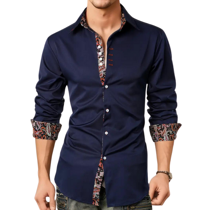 Chemise homme élégante à motif paisley, tissu haut de gamme, coupe ajustée, idéale événements formels et semi-formels.