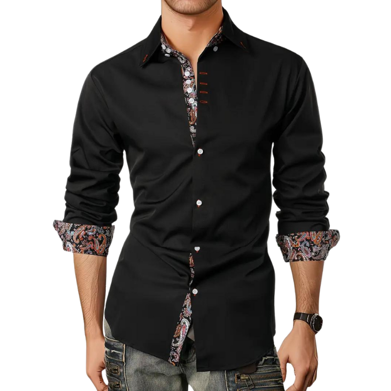 Chemise homme élégante à motif paisley, tissu haut de gamme, coupe ajustée, idéale événements formels et semi-formels.