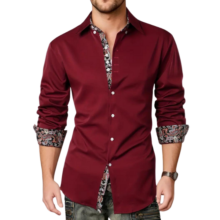 Chemise homme élégante à motif paisley, tissu haut de gamme, coupe ajustée, idéale événements formels et semi-formels.