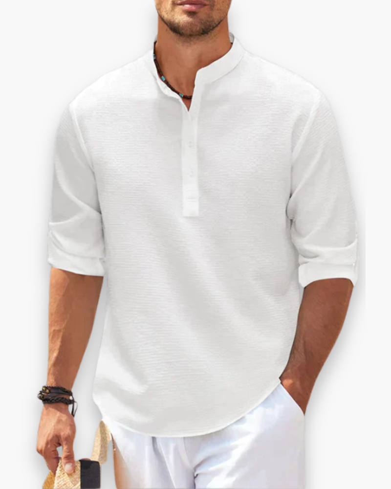 "Chemise homme élégante col mao, look décontracté moderne, tissu respirant, manches longues, modèle bleu."