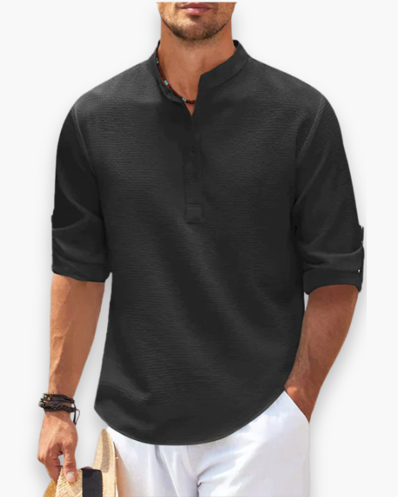 "Chemise homme élégante col mao, look décontracté moderne, tissu respirant, manches longues, modèle bleu."