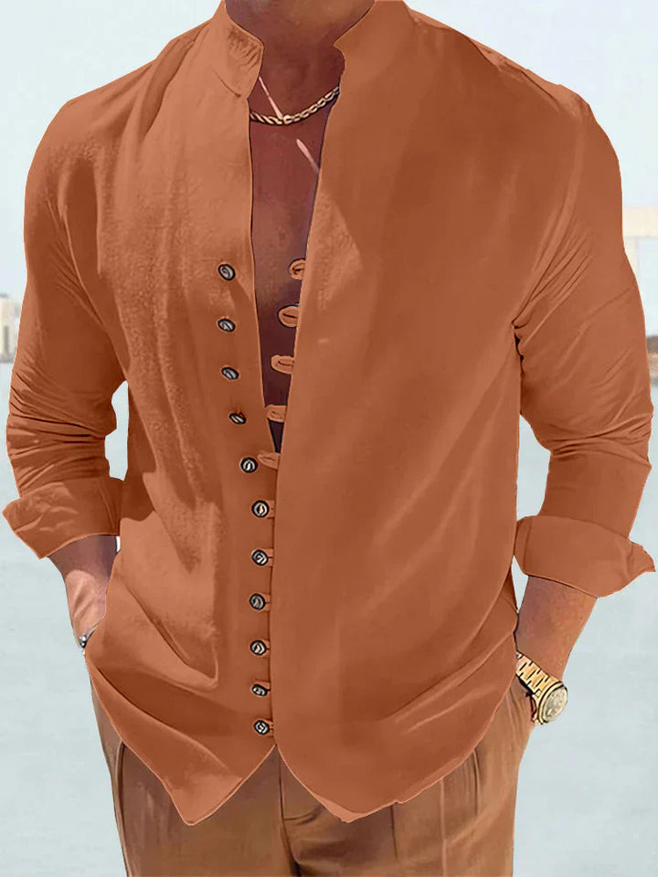 "Chemise homme en lin mélangé, élégante et aérée, parfaite pour l'été; plusieurs couleurs disponibles."