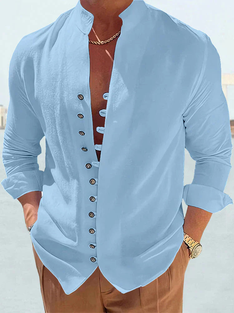 "Chemise homme en lin mélangé, élégante et aérée, parfaite pour l'été; plusieurs couleurs disponibles."