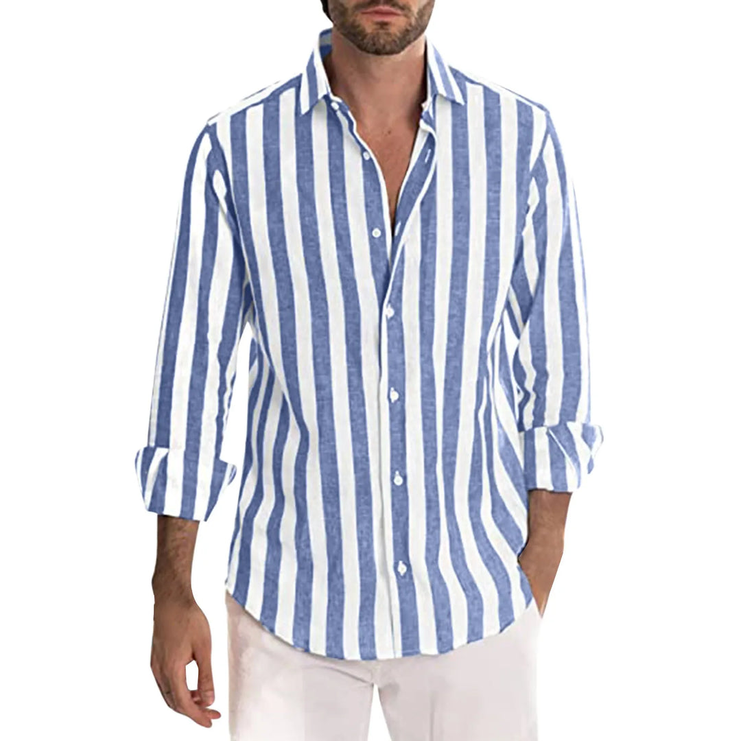 Chemise homme en lin, style décontracté chic.  Manches longues, rayures.