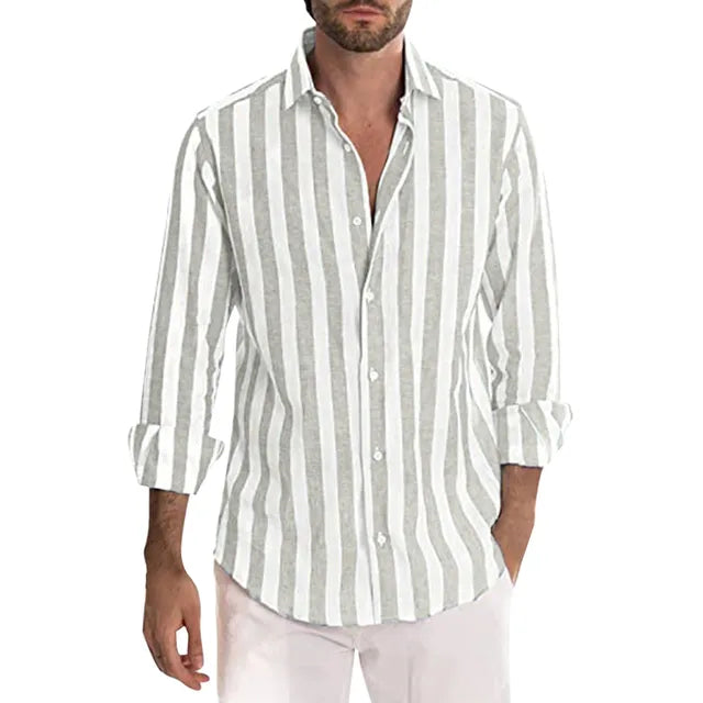 Chemise homme en lin, style décontracté chic.  Manches longues, rayures.
