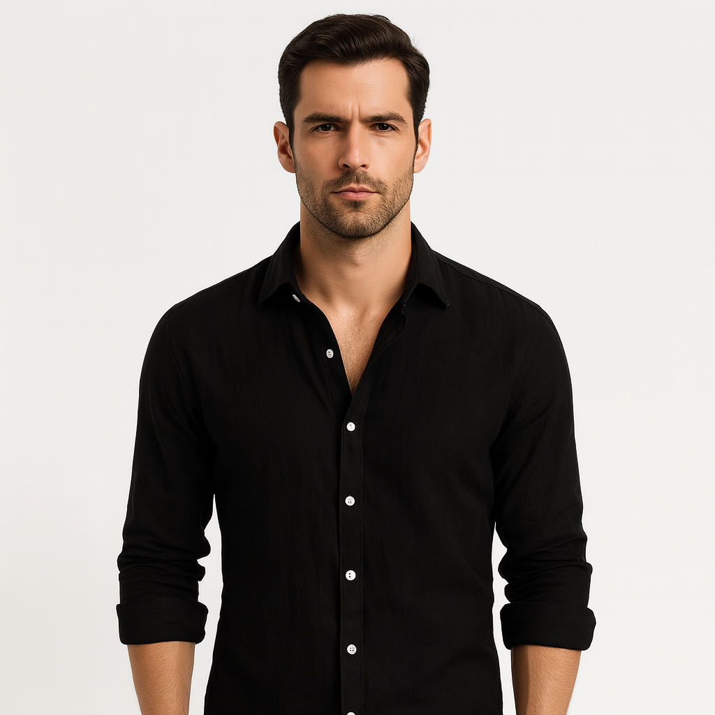 Look d'été casual: chemise homme boutonnée, respirante et confortable. Parfaite pour la mode homme.