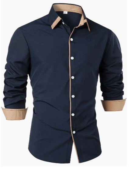 Chemise homme à détails contrastés, col et poignets, style chic et contemporain pour la mode masculine.