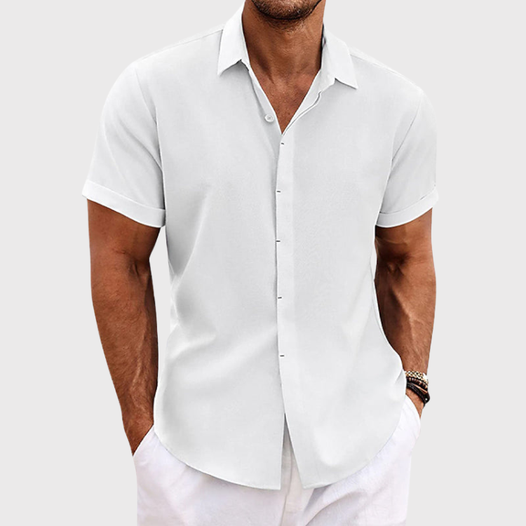 "Chemise homme moderne, manches courtes, style décontracté, coton-lin, idéale été, élégance et confort"