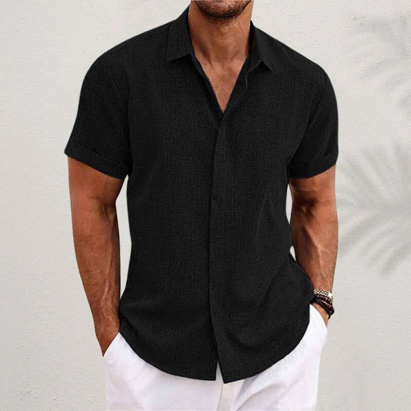 "Chemise homme moderne, manches courtes, style décontracté, coton-lin, idéale été, élégance et confort"