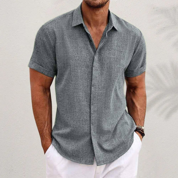 "Chemise homme moderne, manches courtes, style décontracté, coton-lin, idéale été, élégance et confort"