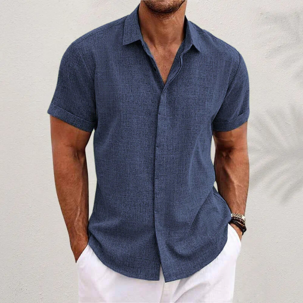 "Chemise homme moderne, manches courtes, style décontracté, coton-lin, idéale été, élégance et confort"