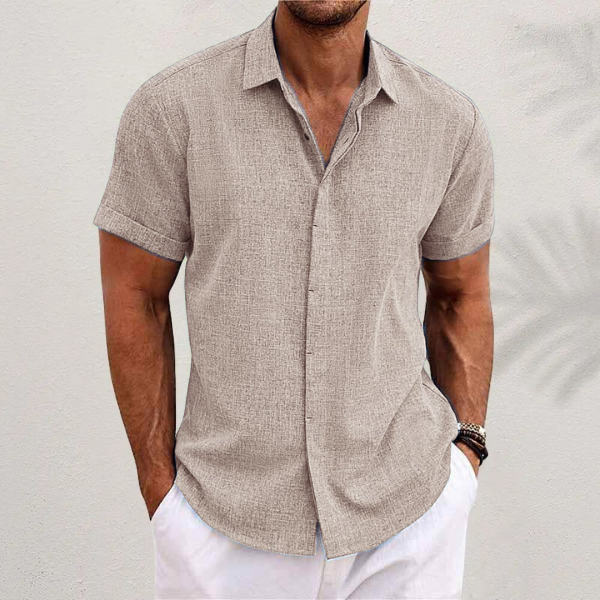 "Chemise homme moderne, manches courtes, style décontracté, coton-lin, idéale été, élégance et confort"