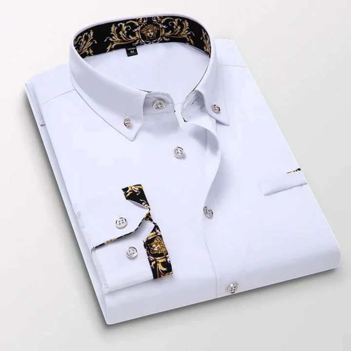 "Chemise homme moderne, manches longues, coupe ajustée, détails raffinés, idéale bureau et sorties décontractées"
