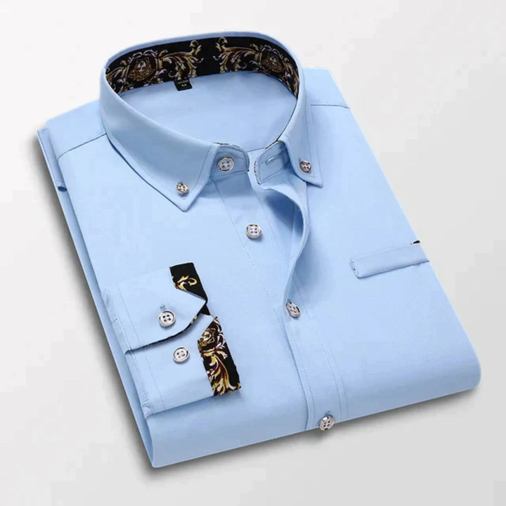 "Chemise homme moderne, manches longues, coupe ajustée, détails raffinés, idéale bureau et sorties décontractées"