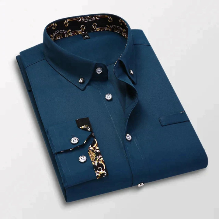 "Chemise homme moderne, manches longues, coupe ajustée, détails raffinés, idéale bureau et sorties décontractées"