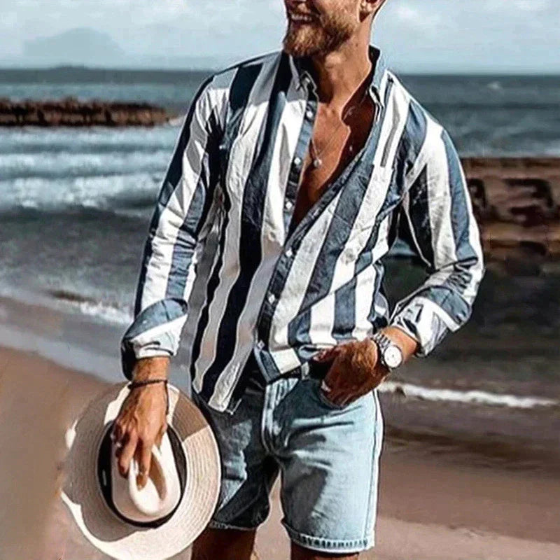 "Chemise homme rayée décontractée, tissu léger respirant, coupe moderne, polyvalence pour toutes occasions."