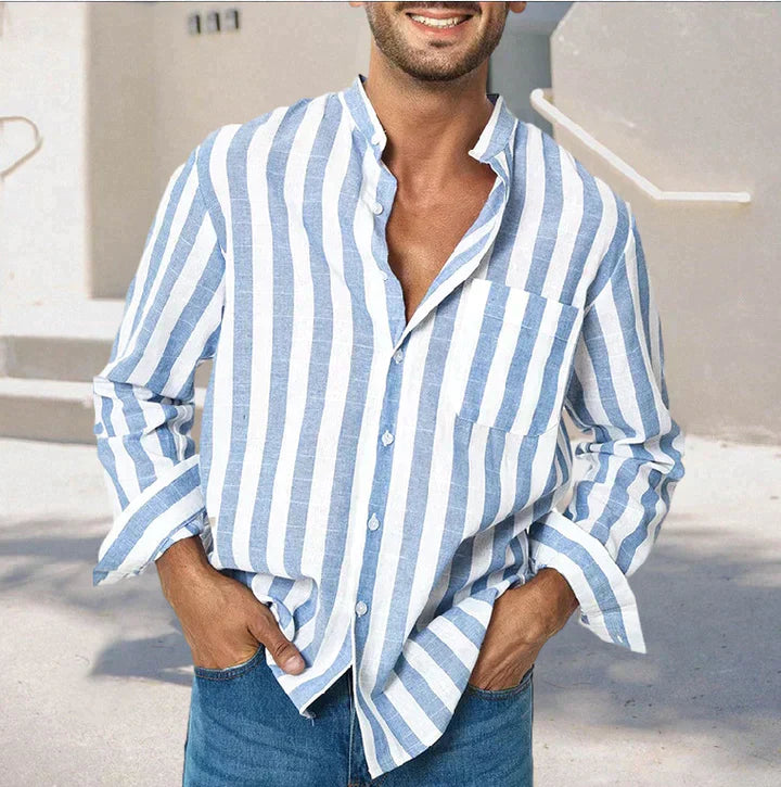 "Chemise homme rayée décontractée, tissu léger respirant, coupe moderne, polyvalence pour toutes occasions."