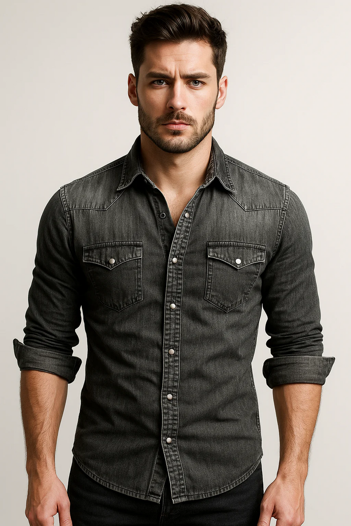Chemise homme slim fit bleue à manches longues, style décontracté chic, parfaite pour un look moderne et soigné.