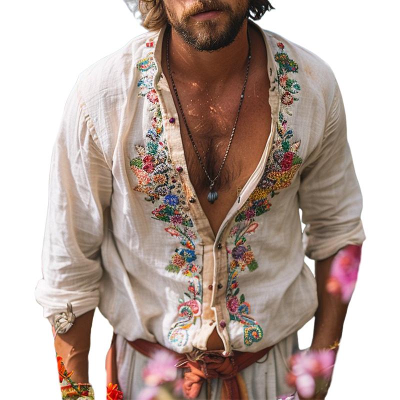 Chemise homme vintage brodée décontractée, manches longues, vue de face, élégance classique en blanc et gris.