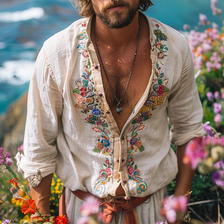 Chemise homme vintage brodée décontractée, manches longues, vue de face, élégance classique en blanc et gris.