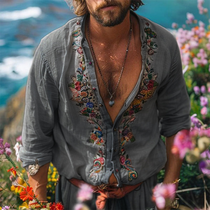 Chemise homme vintage brodée décontractée, manches longues, vue de face, élégance classique en blanc et gris.