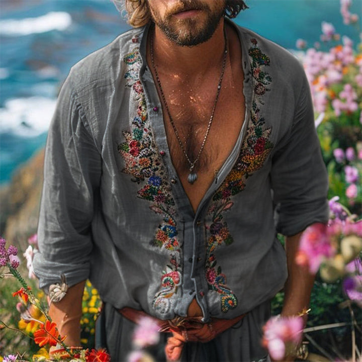 Chemise homme vintage brodée décontractée, manches longues, vue de face, élégance classique en blanc et gris.
