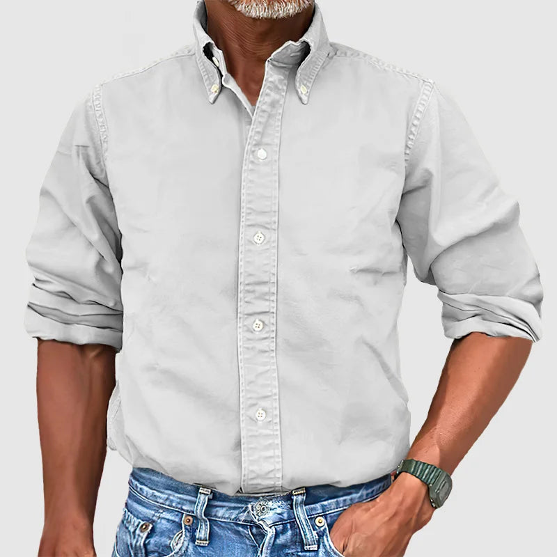 "Chemise homme vintage délavée, manches longues, style rétro, élégante et confortable."
