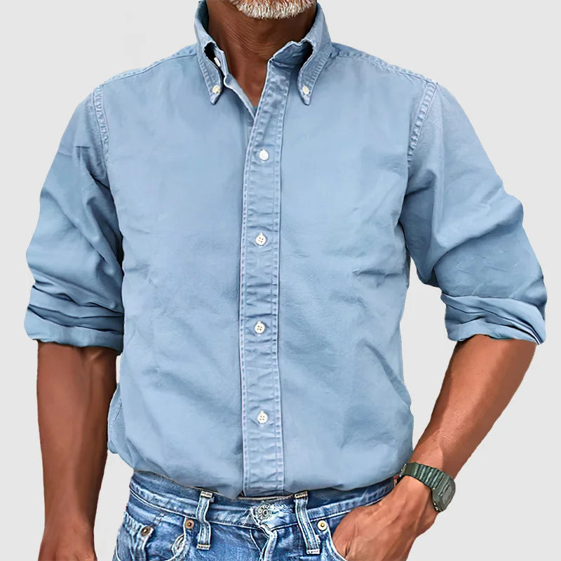 "Chemise homme vintage délavée, manches longues, style rétro, élégante et confortable."