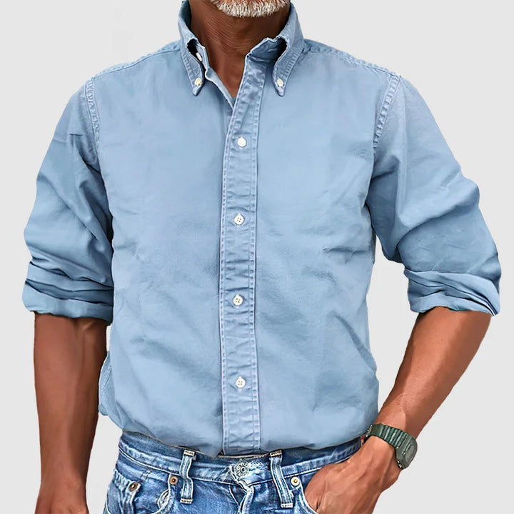 "Chemise homme vintage délavée, manches longues, style rétro, élégante et confortable."