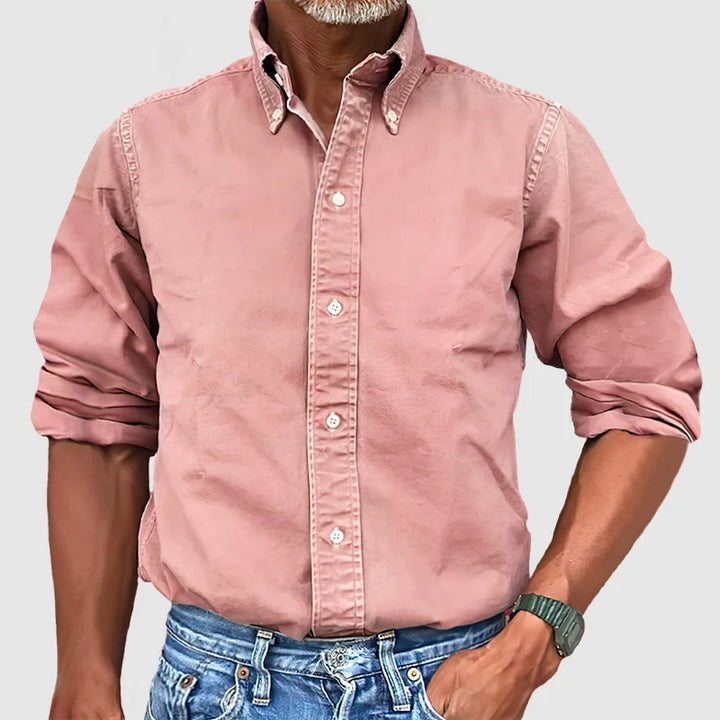 "Chemise homme vintage délavée, manches longues, style rétro, élégante et confortable."