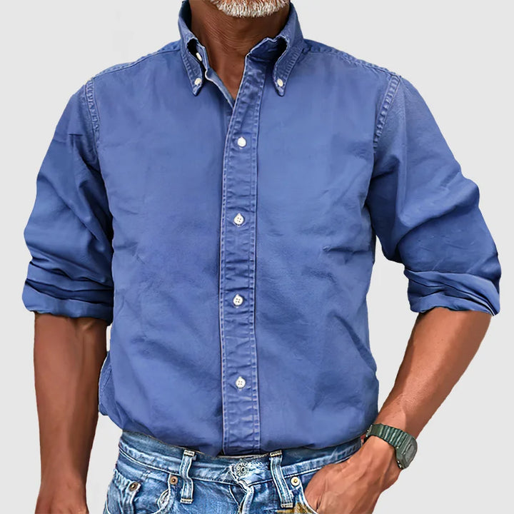 "Chemise homme vintage délavée, manches longues, style rétro, élégante et confortable."