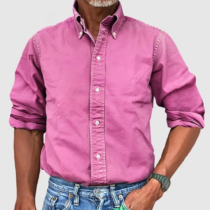 "Chemise homme vintage délavée, manches longues, style rétro, élégante et confortable."