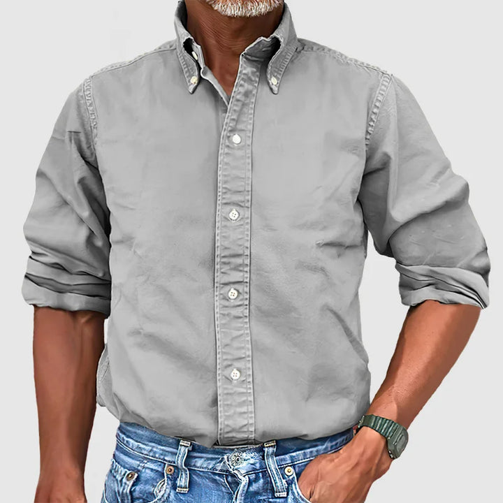 "Chemise homme vintage délavée, manches longues, style rétro, élégante et confortable."