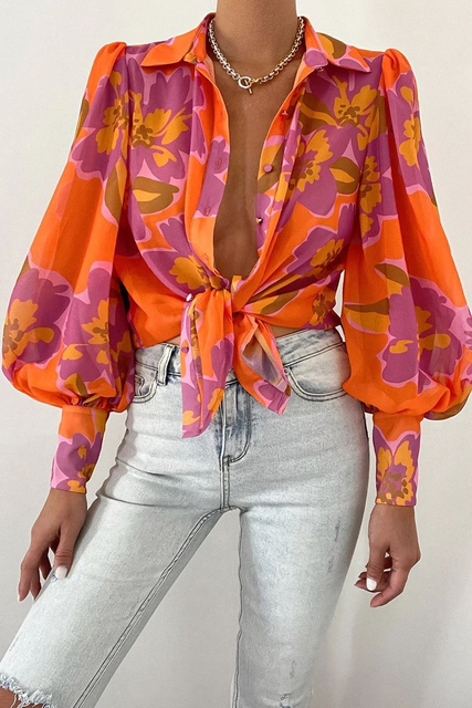Chemise lin femme, style bohème chic.  Manches longues, imprimé floral vintage.  Tendance et confortable.