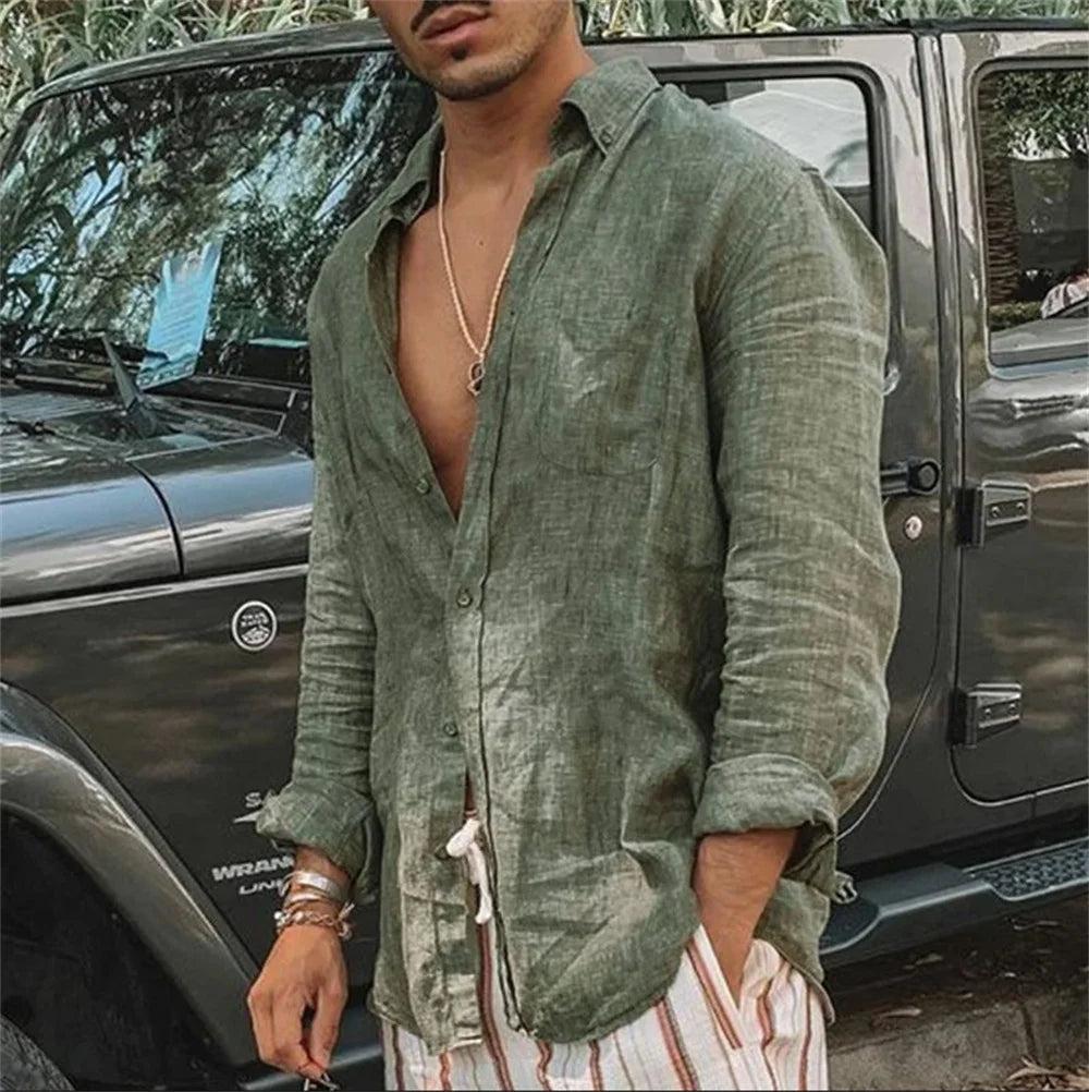 Chemise lin homme, coupe décontractée, manches longues.  Tissu léger et respirant, idéal pour l'été.