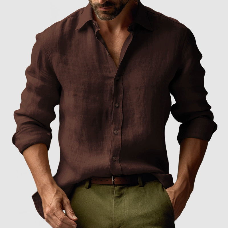 "Chemise lin vintage homme manches longues, style décontracté avec texture naturelle, idéale pour un look chic quotidien"