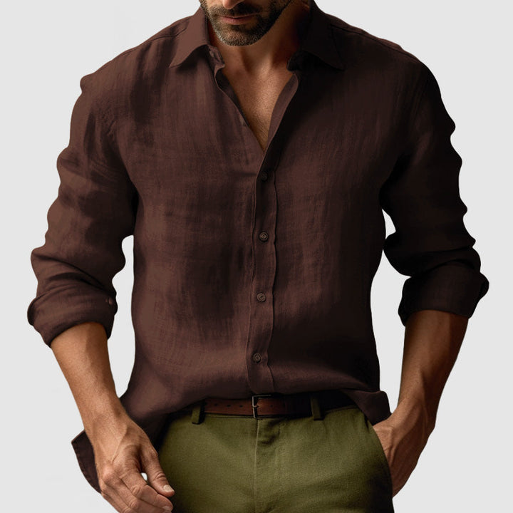 "Chemise lin vintage homme manches longues, style décontracté avec texture naturelle, idéale pour un look chic quotidien"