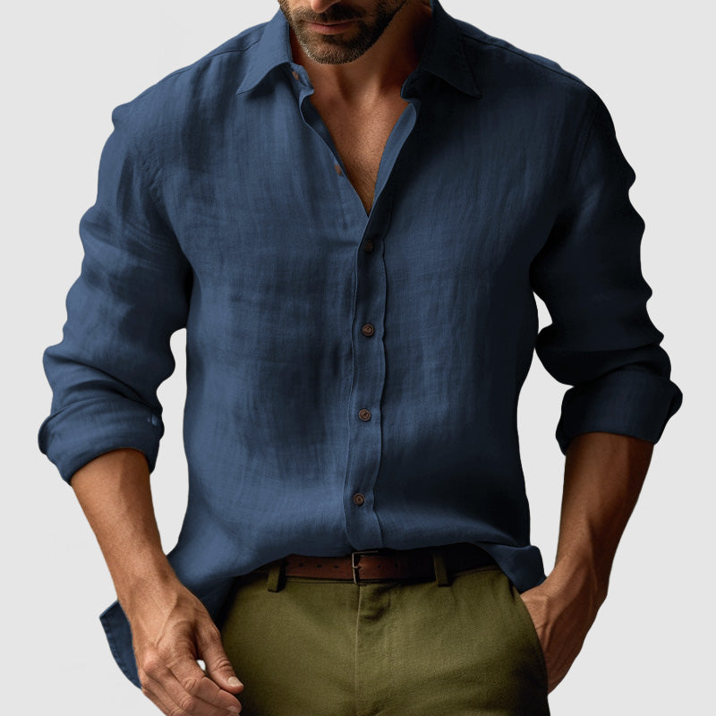 "Chemise lin vintage homme manches longues, style décontracté avec texture naturelle, idéale pour un look chic quotidien"