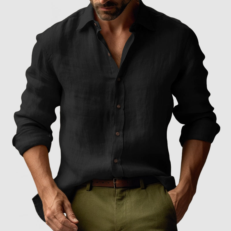 "Chemise lin vintage homme manches longues, style décontracté avec texture naturelle, idéale pour un look chic quotidien"