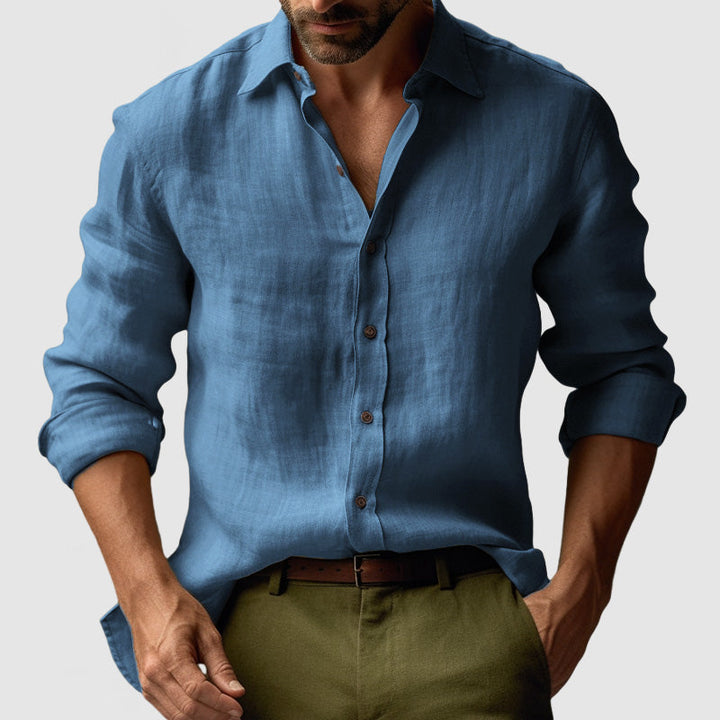 "Chemise lin vintage homme manches longues, style décontracté avec texture naturelle, idéale pour un look chic quotidien"