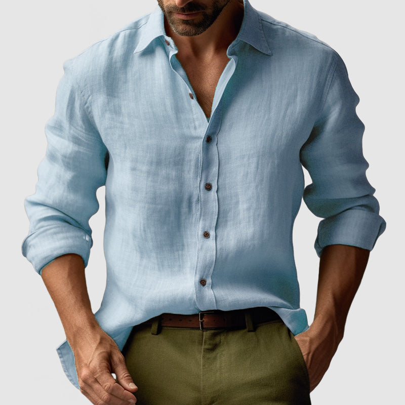 "Chemise lin vintage homme manches longues, style décontracté avec texture naturelle, idéale pour un look chic quotidien"