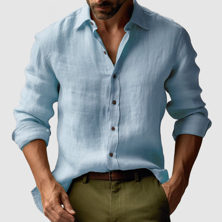 "Chemise lin vintage homme manches longues, style décontracté avec texture naturelle, idéale pour un look chic quotidien"