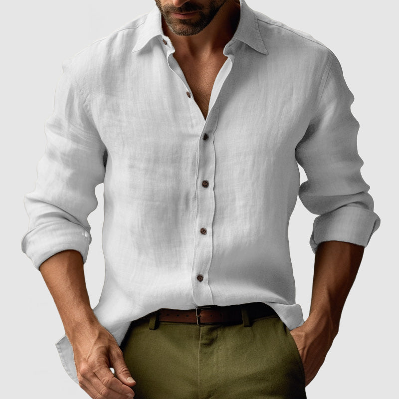 "Chemise lin vintage homme manches longues, style décontracté avec texture naturelle, idéale pour un look chic quotidien"