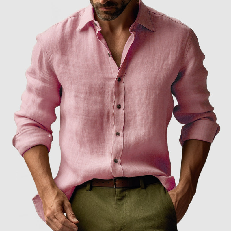 "Chemise lin vintage homme manches longues, style décontracté avec texture naturelle, idéale pour un look chic quotidien"