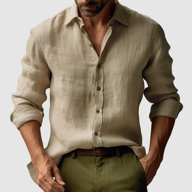 "Chemise lin vintage homme manches longues, style décontracté avec texture naturelle, idéale pour un look chic quotidien"