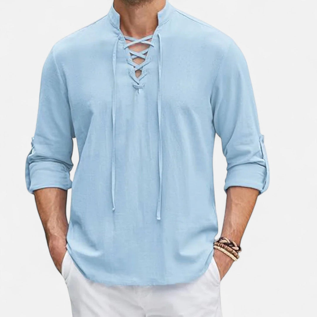 Chemise homme médiévale Viking confortable en tissu naturel, manches longues. Idéale pour tenue bohème décontractée.
