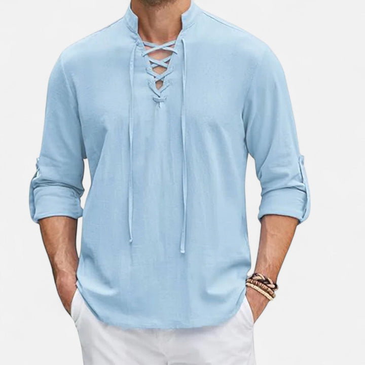 Chemise homme médiévale Viking confortable en tissu naturel, manches longues. Idéale pour tenue bohème décontractée.