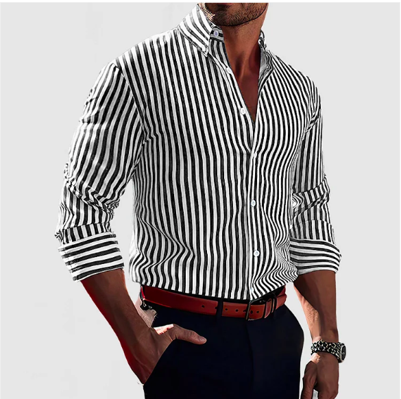 Chemise homme rayée mode décontractée, idéale pour l'automne. Tissu doux, manches longues, style élégant et polyvalent.